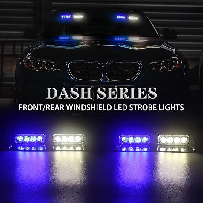 XRIDONSEN 2 in 1 Blue White Emergency Dash Strobe Lights Interior Front/Rear Windshield Lights Warning Safety Flashing Volunteer Firefighter Police Lights for Vehicles, Trucks (2x7.16 inch, 16 LED)