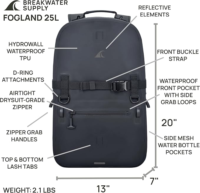 Breakwater Supply™ Waterproof IP68 Submersible Backpack with Airtight Zippers | Laptop Travel Outdoors | Fogland 25L 20L 15L | 100% Waterproof, Submersible, Airtight Zippers, Travel Outdoors