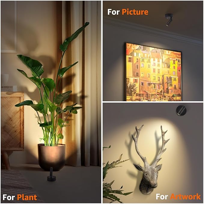 3CCT LED Wireless Spotlight Indoor Rechargeable Picture Lights Battery Operated Spot Light Uplighting Indoor with Remote Dimmable Accent Lighting for Artwork Plant Tree Wall Painting, 1 Pack