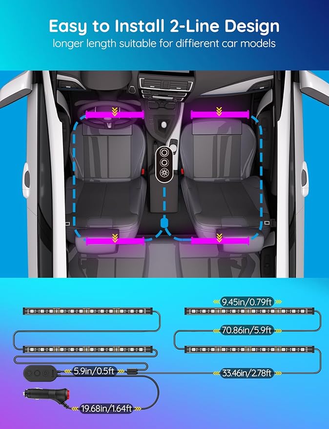 Govee Car LED Lights, Smart Car Interior Lights with App Control, RGB Lights with DIY Mode and Music Mode, 2 Lines Design LED Lights for Cars with Car Charger, 12V