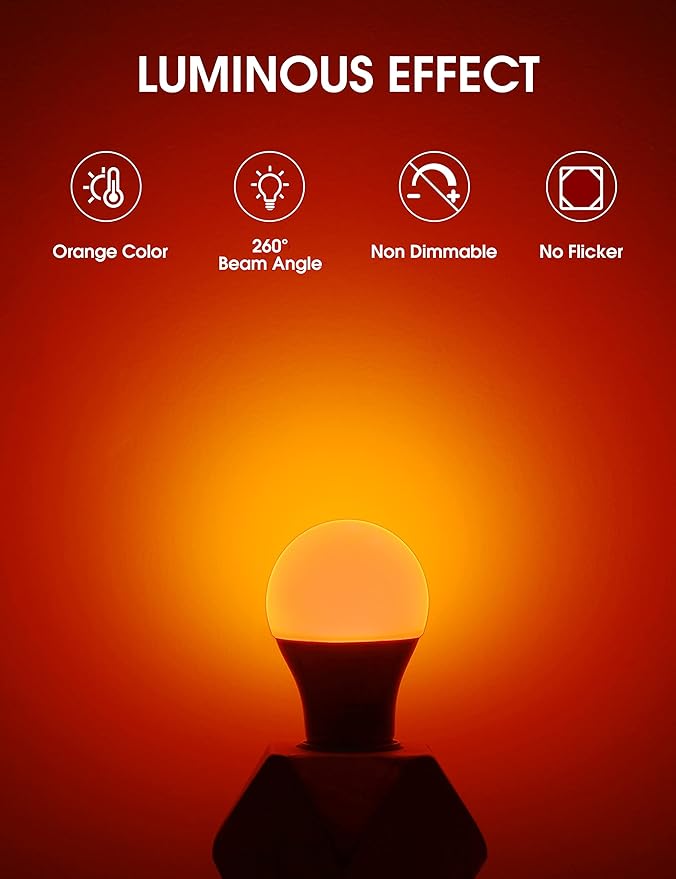 Orange Light Bulbs [4 Pack] - A19 LED Orange Bulbs 9W (60Watt Equivalent) - E26 Base Halloween Light Bulb Outdoor, Colored Light Bulbs for Halloween Christmas Party Porch Home Holiday Decorative