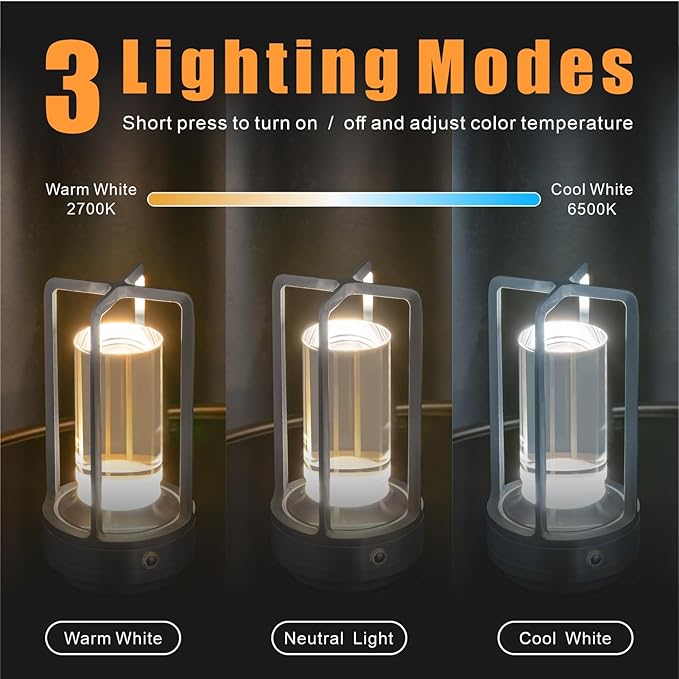 Rechargeable Table Lamp Cordless, 3 Color | Crystal | Stepless Dimming, for Bedroom, Cafe, Camping, Dining Table, Home Decor, 2 Pack (Silver)