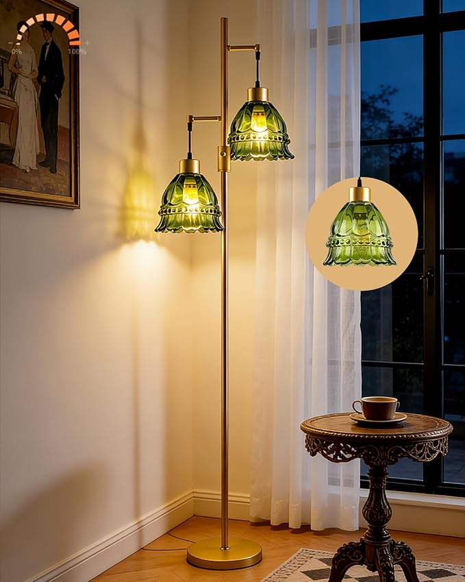 Gold Dimmable Floor Lamp for Living Room, 2-Light 65IN Tall Standing Lamps with Green Glass Lampshade, 3000K Warmwhite Mid Century Modern Floor Lamp for Bedroom/Home Office/Corner