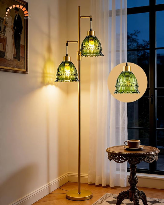 Gold Dimmable Floor Lamp for Living Room, 2-Light 65IN Tall Standing Lamps with Green Glass Lampshade, 3000K Warmwhite Mid Century Modern Floor Lamp for Bedroom/Home Office/Corner