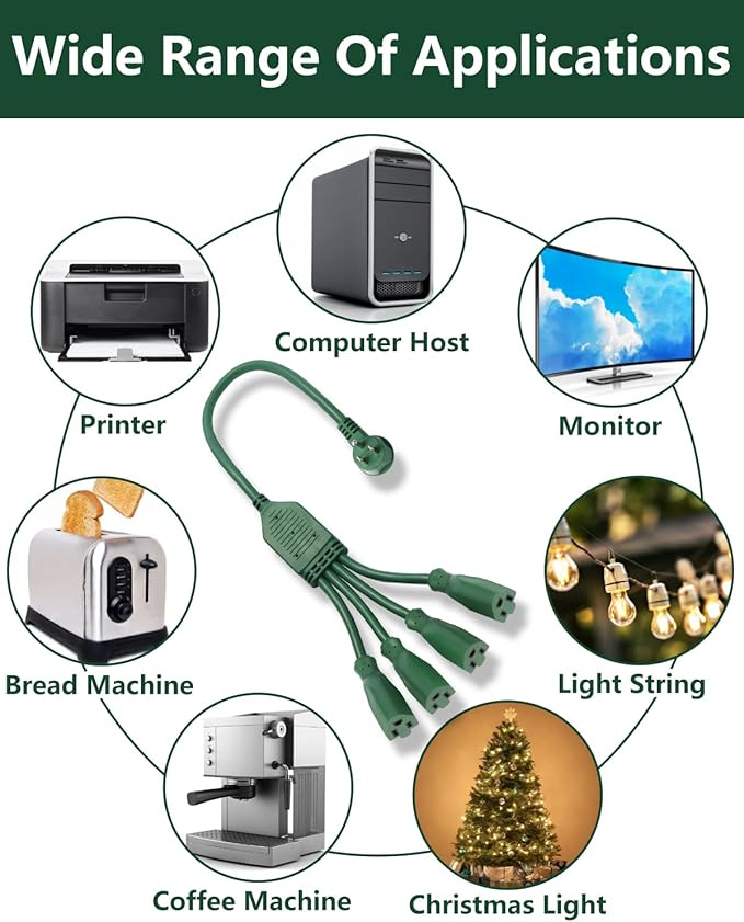 Flat Extension Cord Splitter 1 to 4, 90 Degree Plug Adapter 14AWG SJTW 15A 1875W, 4 Way Outlet Plug Splitter 3 Prong, Outdoor Plug Splitter 2.3ft Heavy Duty Cable for Indoor or Outdoor use, Green.