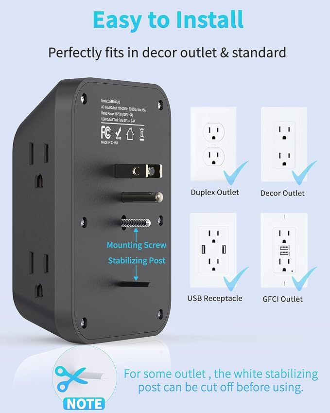 USB Wall Charger Surge Protector, HOPOW 6 Outlet Extender with 4 USB Charging Ports (2 USB C), 3-Sided 1050J Multi Plug Wall Outlet, Wall Mount for Home Travel Office, Black
