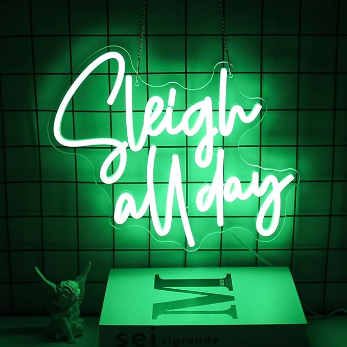 Sleigh All Day Neon Lights Signs Christmas Neon Sign Green Letter LED Neon Lights for Wall Words Xmas Neon Light Up Sign for Bedroom Bar Man Cave Christmas Party Decor