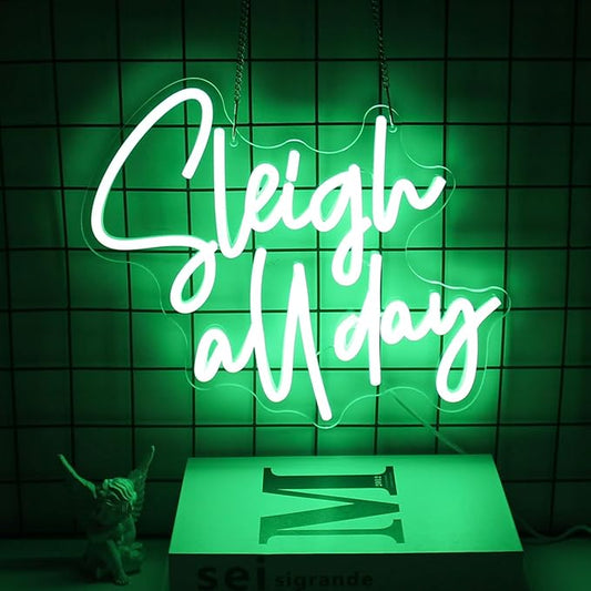 Sleigh All Day Neon Lights Signs Christmas Neon Sign Green Letter LED Neon Lights for Wall Words Xmas Neon Light Up Sign for Bedroom Bar Man Cave Christmas Party Decor
