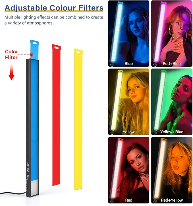 2 Pack LED Video Light Stick Kit with 62.99'' Tripod Stand/Color Filter, Dimmable 2500K-8500K Bi-Color Studio Light Wand Photography Lighting for Video Recording/Game Streaming/Photo/YouTube