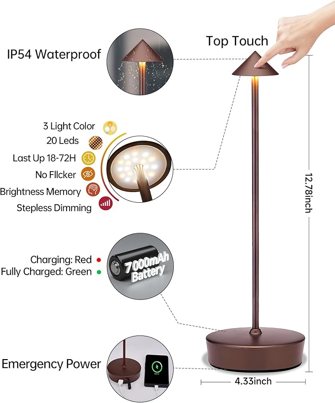 Cordless Led Table Desk Lamp 2 Pack, 7000mAh Battery Outdoor Table Light Waterproof for Restaurant Patio Camping Home Decor, USB-A Output, Brightness Memory, Dimmable