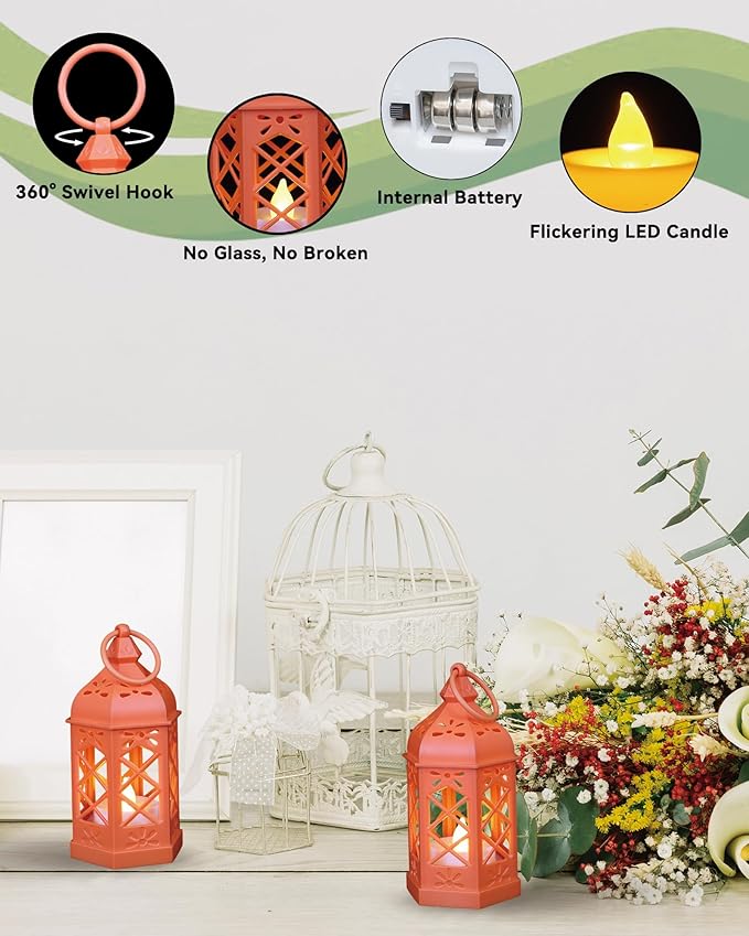 8-Pack Mini Lanterns for Ramadan, Halloween, Christmas, Small Lanterns with Flickering LED Candle for Enchanted Forest Wedding, Moroccan Lantern for Table Centerpiece, Medieval Decor, Orange