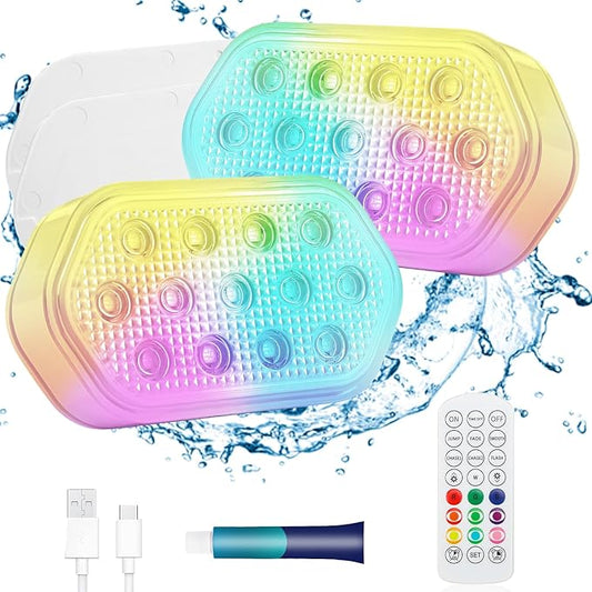 Rechargeable Submersible LED Lights, Pool Lights for Above Ground Inground Pool, 16 Colors Magnetic IP68 Waterproof Underwater Lights, Chase Mode Floating Light with Rechargeable Remote 2 Pack