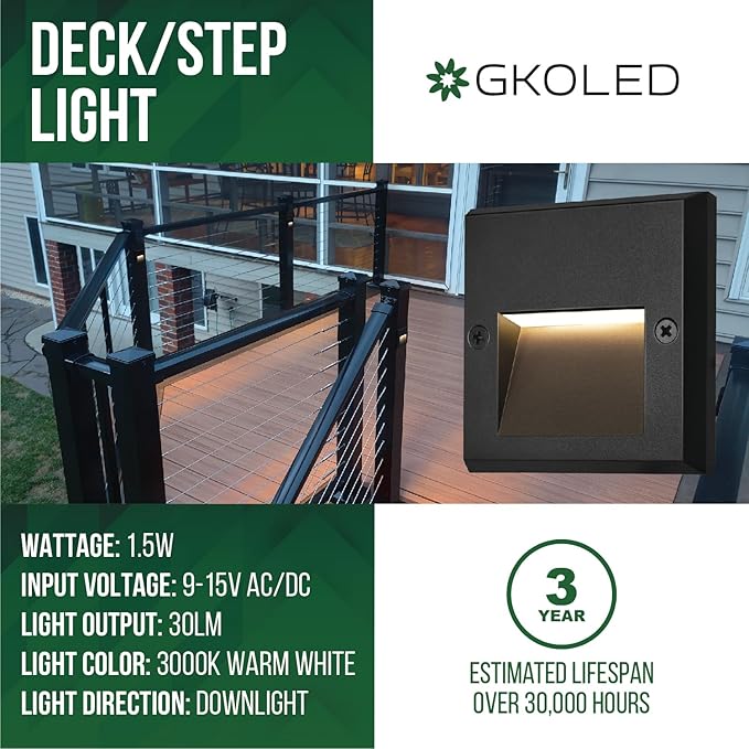 GKOLED 6-Pack Slim Square Low Voltage Deck Post Lights, Outdoor Step Lights, 12V Fence Railing Lighting Fixtures, Die-cast Aluminum, Black, 3000K