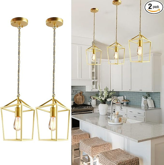 2-Pack Gold Pendant Lights Kitchen Island, Modern Mid Century Light Fixtures Hanging Lamp for Kitchen, Farmhouse Kitchen Pendant Lighting Over Island, Metal Cage Design