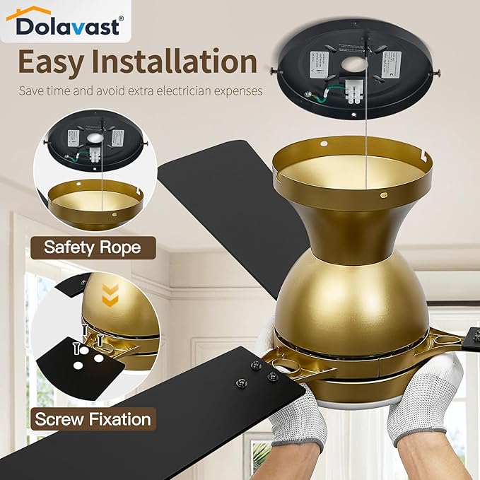 Ceiling Fans with Lights and Remote, 52 Inch Ceiling Fan with Light, Low Profile Reversible Ceiling Fans, Dimmable LED, Flush Mount, Quiet, DC Motor, Gold Ceiling Fan for Bedroom, Kitchen