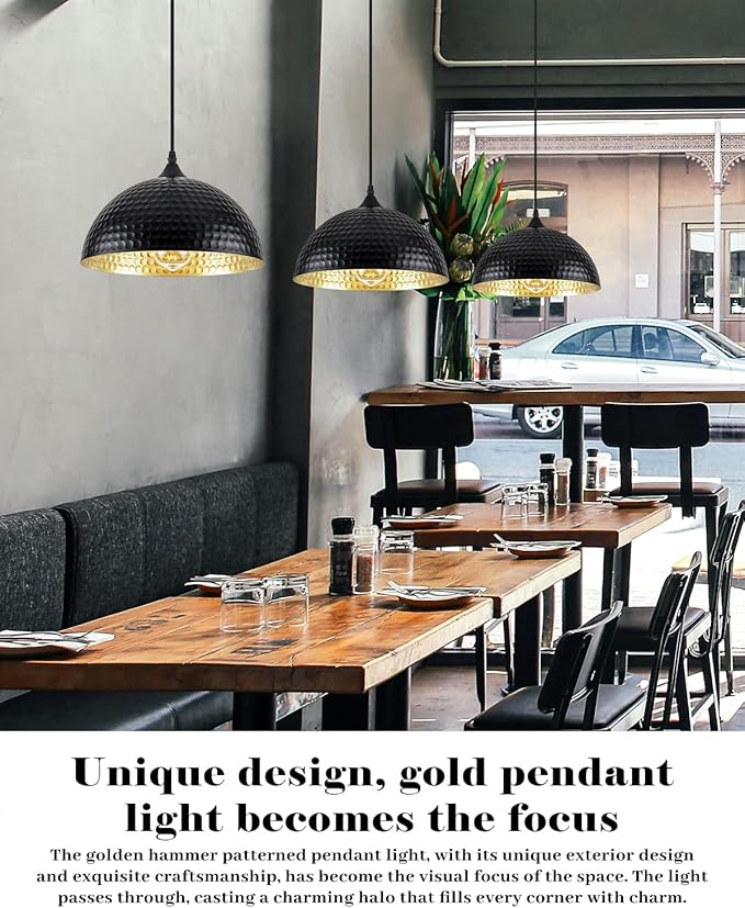 Hammered Dome Pendant Light 1 Pack, Black and Gold Pendant Light,12 Inch Metal Industrial Pendant Lights, Kitchen Island Pendant Lights for Kitchen, Dining Room, Bar