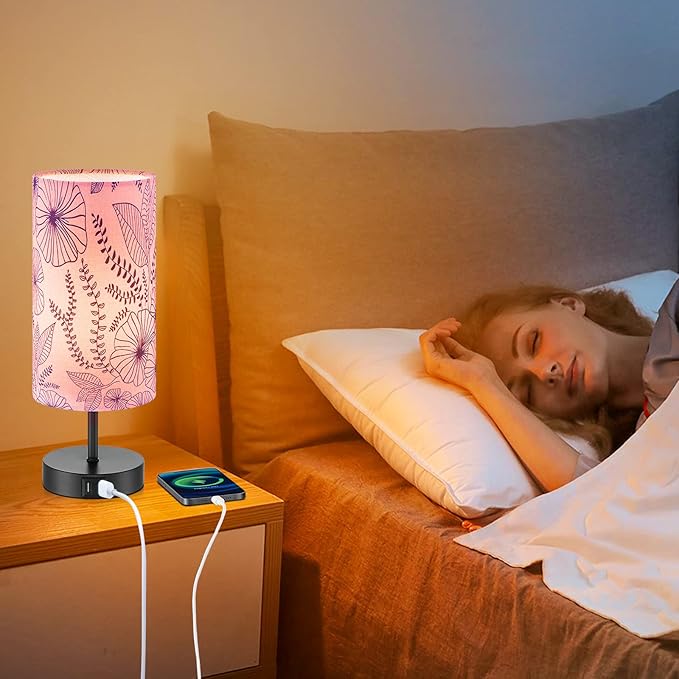 Touch Control Bedside Lamp with 2 USB Ports, 3-Way Dimmable Table lamp for Bedroom, Nightstand Lamp with Round Pink Flower Fabric Shade for Living Room Home Office (E26 LED Bulb Included)