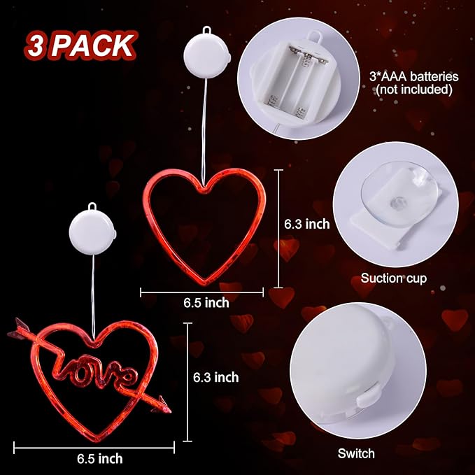 3 Pack Valentines Day Window Lights Decorations with Timer, Battery Powered Hanging Red Lighted Heart Shaped Silhouette Sucker LED Lamp for Fireplace Indoor Home Decor