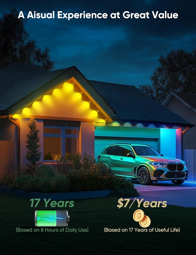 Permanent Outdoor Lights 100ft with 111 Lighting Scenes, 105° Optimal Light Angle, for Halloween Christmas, Compatible with Alexa, Google Assistant, IP67 Waterproof, Smart RGB Outdoor Lights 72 LEDs
