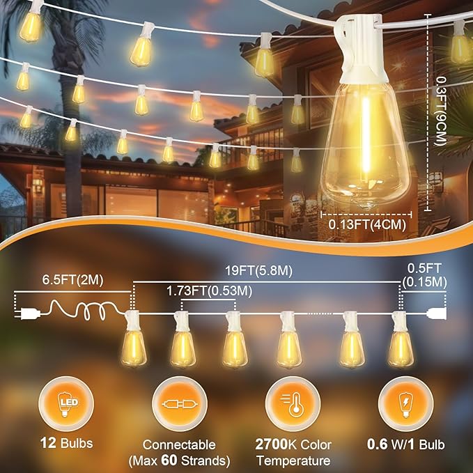 LAMPHOME26 FT Outdoor String Lights for Outside, 12+1LED Waterproof Shatterproof Edison Dimmable Timer Bulbs, 2700K Warm White Patio Lights for Garden Backyard Yard Hanging Lighting