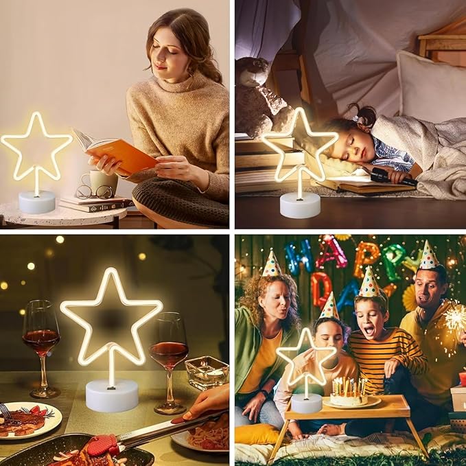 Star Neon Sign with Base, Warm White LED Neon Light, Battery & USB Power Supply, Star LED Light for Home, Bedroom, Study, Store Table, Party Decor, Birthday, Christmas Gifts for Kids, Girls, Boys