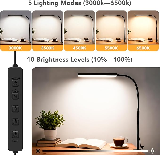 Small LED Desk Lamp with Clamp,Eye-Caring Clip on Lamp for Desk, 5 Modes 10 Brightness, Flexible Gooseneck USB Adapter Table Lamps for Home Office, Sewing（Black）