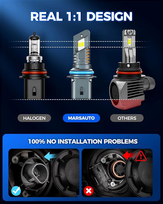 Marsauto 9007 Bulbs for Fog, 800% 48000LM Super Bright with 20000RPM Cooling Fan M1S 9007/HB5 Bulb, 1:1 Design, 60000+ Hours Lifspan, IP68, 3MIN Play and Plug, Pack of 2