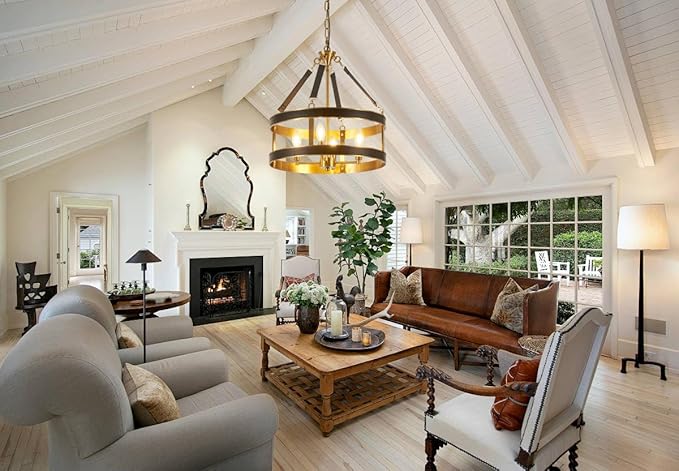 Farmhouse Ceiling Chandelier,18 Inch Antique bronze aluminum black leather belt trim Modern Rustic Hanging Pendant Ceiling Light Fixture for Living room, Dining room, Bedroom, Kitchen（4 Light）