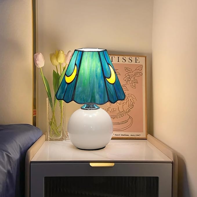 Mushroom Lamp Tiffany Lamp Stained Glass Table Lamp Moon Cute Small Bedside Lamps for Living Room Home Decor,Unique Aesthetic Home Living Room Decor Girls Women Birthday Day Gift,Sea Blue