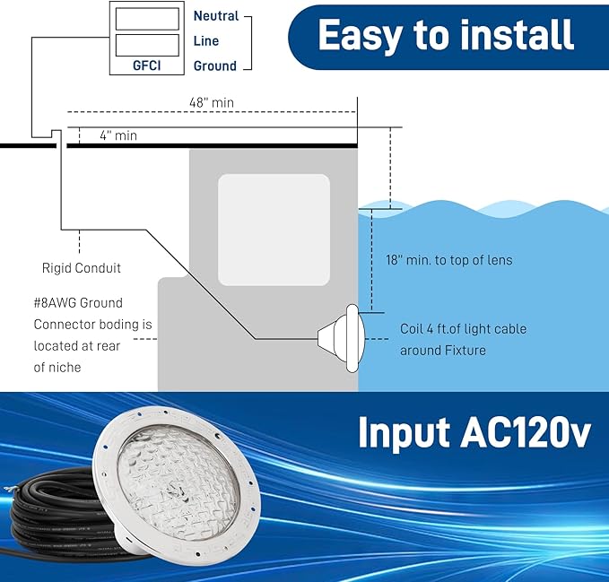CAtArt 10 Inch Pool Light for Inground Pool (White), AC120V LED Pool Lights Suitable for 10 Inch Wet Niche, 35W, 50 Foot Cord