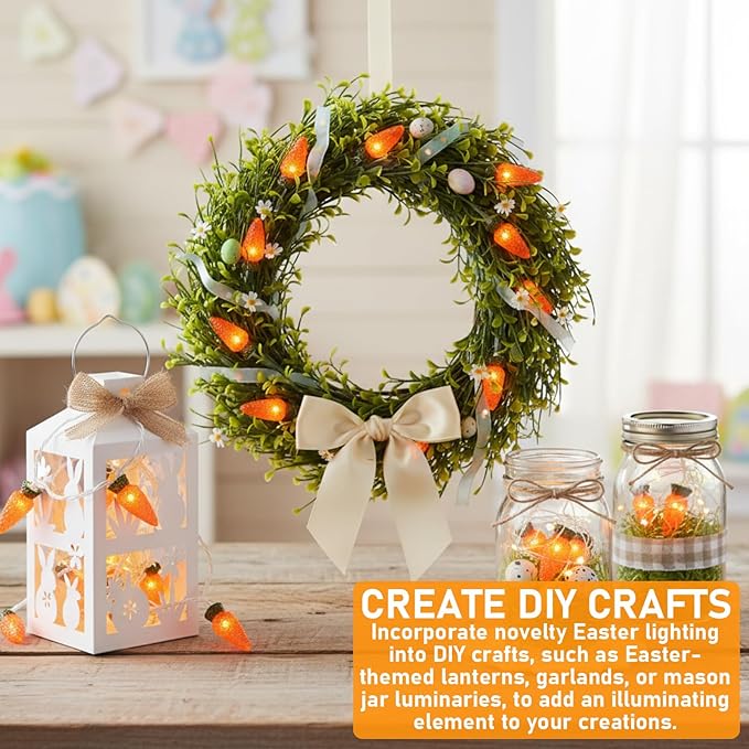 WILLBOND 2 Pack Easter Carrot Lights String 14.5ft 20-Count Orange Carrot Shaped Bunny Fairy Lights Battery Operated with 2AA Battery Box for Indoor Outdoor Easter Spring Party Decor