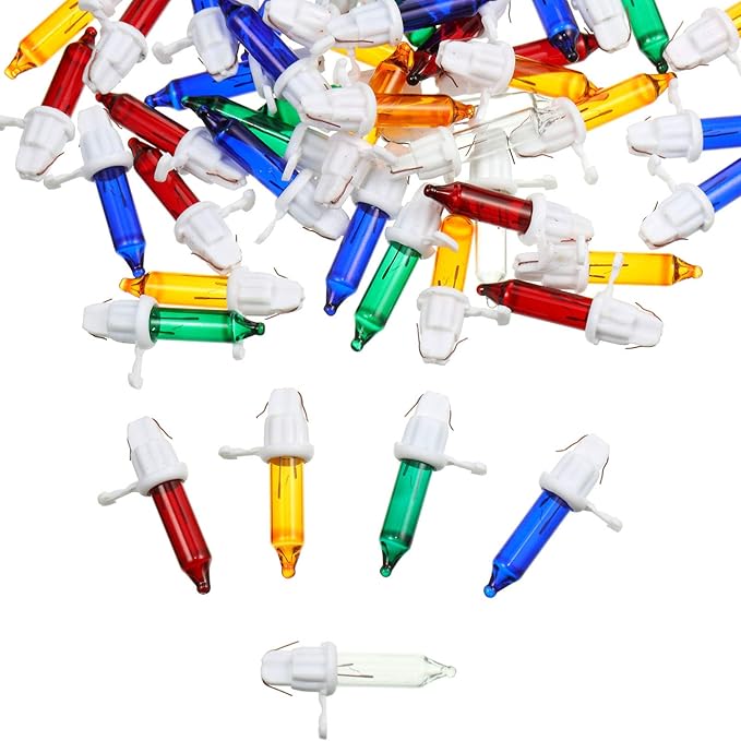 Mudder 60 Count Christmas Tree Replacement Light Bulbs 2.5v 0.425 Watt Replacement Bulb Mini Incandescent Wire String Lights Decoration for Prelit Xmas Tree(White Base with Colorful Bulb)