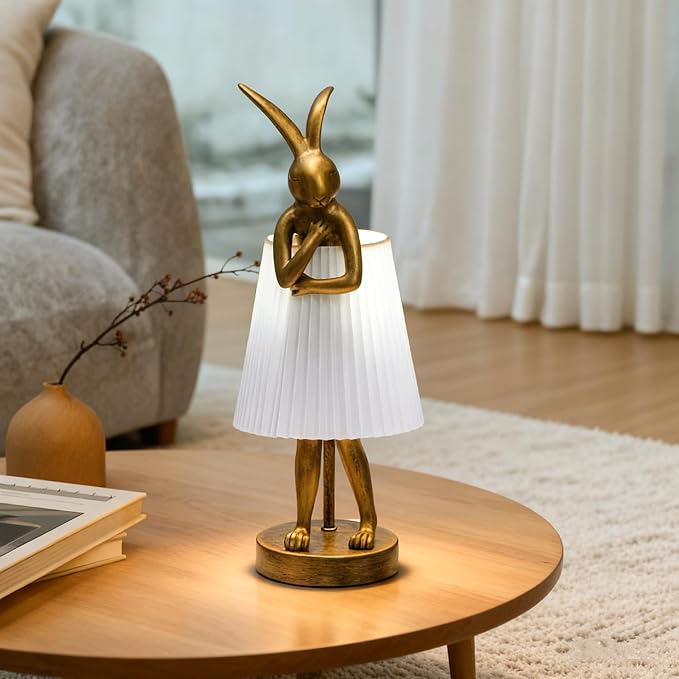YHT Bunny Table Lamp, Cute Animal Rabbit Lamp,Bunny Lamp,15.7" Vintage LED Desk Light with Linen Lampshade, for Bedroom, Study Room, Office, Nursery, Home Decor (Light Gray)
