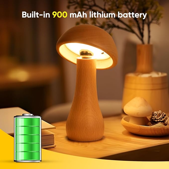 Wooden Small Mushroom Lamp, Touch Switch Cordless Table Lamp for nightstand, Rechargeable Battery Operated Night Light, 360 Degree Rotation Adjustable, Stepless Dimming Desk Lamps for Living Room