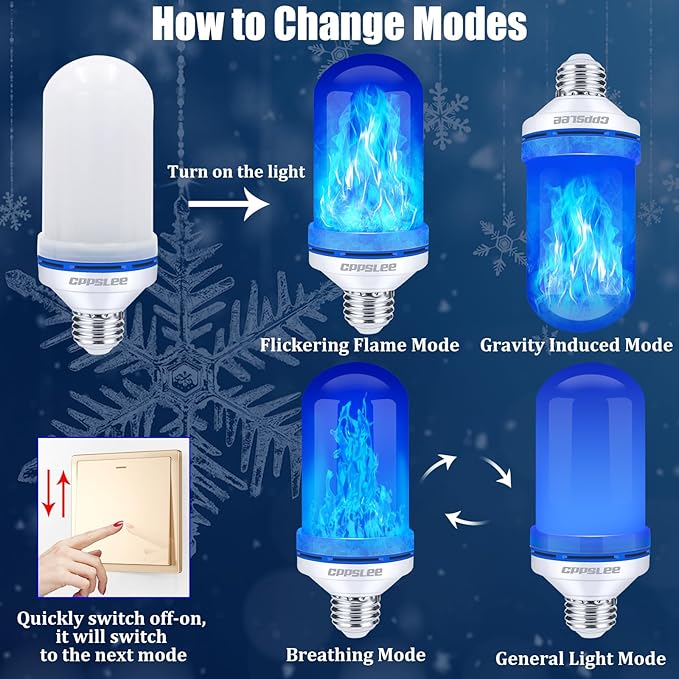 CPPSLEE Upgraded LED Flame Light Bulbs, 4 Modes Flickering Light Bulbs, E26 Base Fire Flame Bulb for Halloween Decorations Outdoor, Christmas Lights Patio Indoor Home Decor (Blue, 4 Pack)