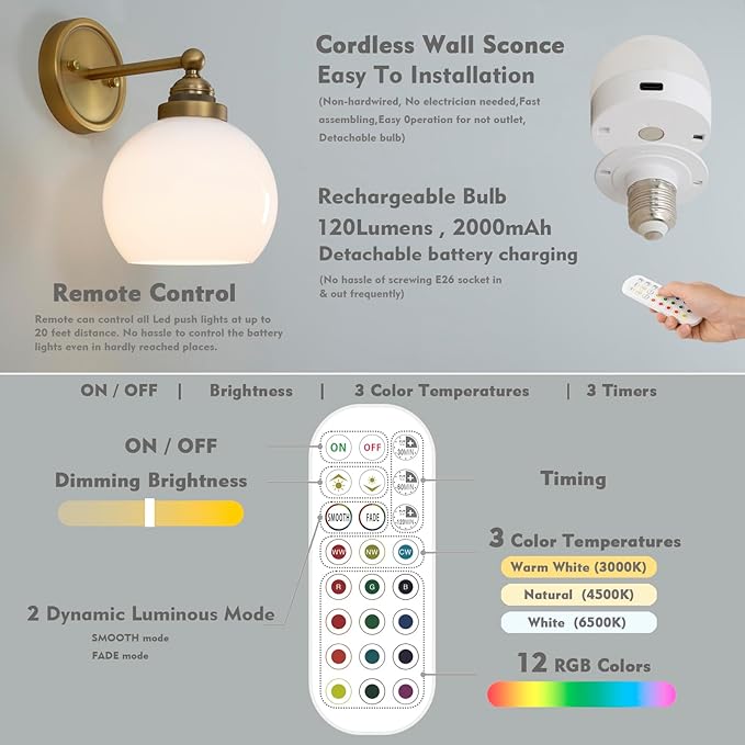 HEQIQEH Vintage Rechargeable Battery Operated Wall Sconce with Milky White Globe Glass Shade, Dimmable Cordless Wall Mounted Lamp with Remote Control for Indoor Bedroom Vanity Bathroom