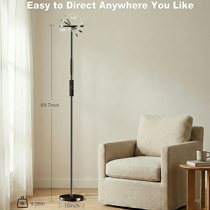 Super Bright Floor Lamp for Living Room, Stepless Dimmable LED Standing Lamp with Remote and Touch Control, 69” Tall Torchiere Corner Lamp for Bedroom Office Hotel, Black
