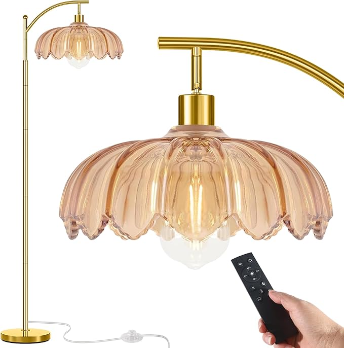 Gold Floor Lamp for Living Room with Remote,Unique Vintage Standing Tall Lamp,Mid Century Modern Floor Lamps Arc Glass Floor Lamps for Office Corner