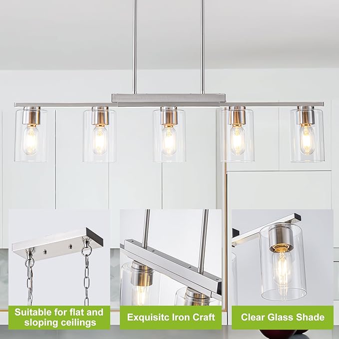 WILON Kitchen Island Lighting, 5 Lights Nickel Sand Linear Chandeliers Modern Farmhouse Chandelier with Glass Shades for Kitchen Island Living Dining Room Foyer Bedroom(Brushed Nickel,5 Lights)