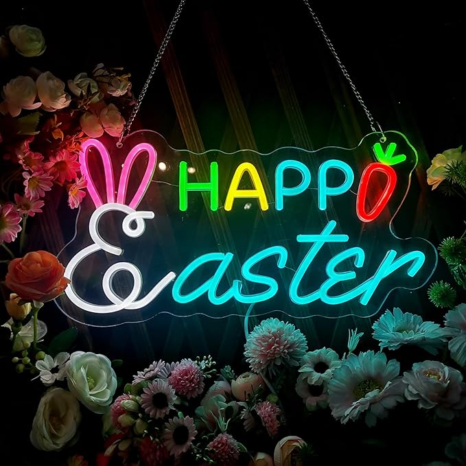 Happy Easter Neon Sign, Rabbit Shape Dimmable LED Easter Yard Sign Light, Easter Neon Sign for Wall Room Windows Lawn Party Decorations Easter Hanging Sign for Spring Front Yard Sign