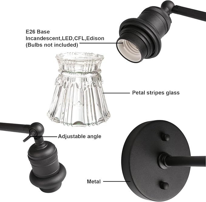 Yosoan 1-Light Vanity Indoor Wall Sconce, Brass Vintage Industrial Single Modern Light Hardwired Fixture Lamp with Petal Stripes Glass Shade for Bedroom Bathroom Kitchen Living Room Hallway(Black)