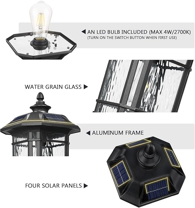 Emliviar 20.5" Solar Post Light Outdoor, Large Black Solar Column Light Head with Remote Control, LED Exterior Fence Lamp with Water Grain Glass, 22021MP-SL BK