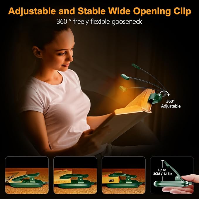 Gritin Rechargeable Book Light for Reading in Bed with 19 LED &Memory Function-Eye Caring 3 Color Temperatures,5 Brightness Levels,90 Hrs Runtime Flexible Goose Neck Clip on Light-Dark Green