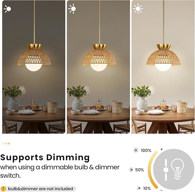 Rattan Pendant Light, 11.8" Hand Woven Boho Pendant Light Fixture with Milk Glass Globe, Gold Kitchen Pendant Lighting Over Island Adjustable Chandelier for Dining Room Hallway Foyer