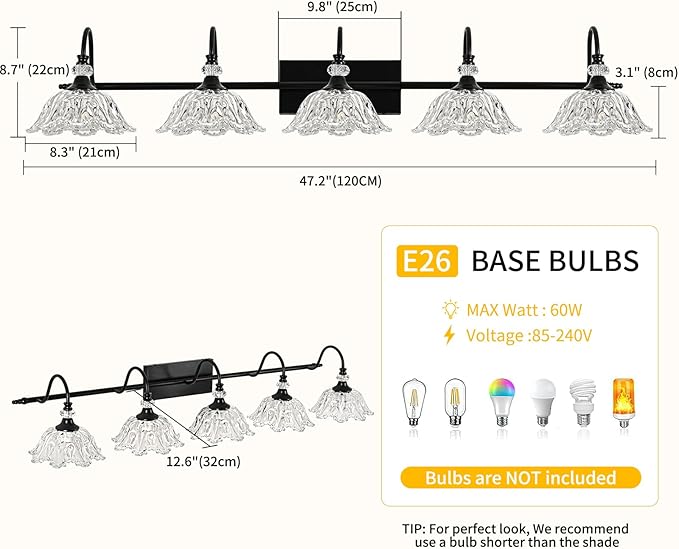 Black Bathroom Vanity Light, 5-Light Vanity Light with Crystal Glass Shades, Vintage Farmhouse Vanity Lighting for Bathroom and Dressing Table