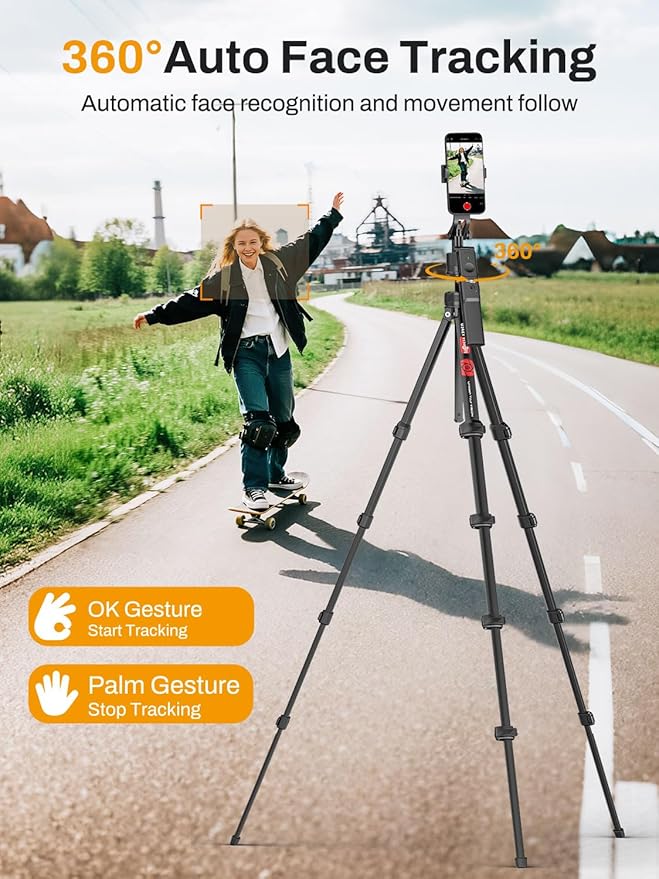 USKEYVISION Auto Face Tracking Tripod for iPhone 360°Rotation w/Camera Mount,Phone Tripod w/Remote,Selfie Stick for Android & Phone Stand for Video Recording, YouTube/TikTok/Vlogging(R01 PRO)