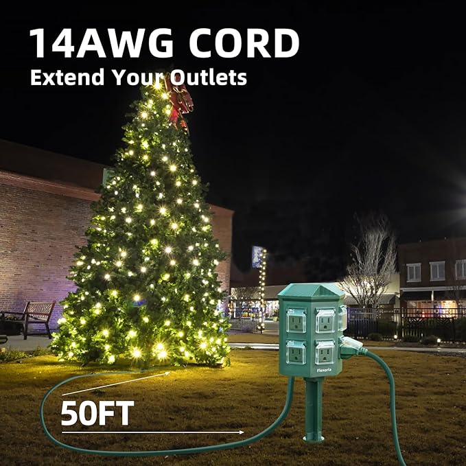 Outdoor Power Strip Waterproof, 50 FT Extension Cord, 6 Grounded Outlets for Halloween/Christmas Decorations and Inflatables, 15A/1875W, ETL Listed