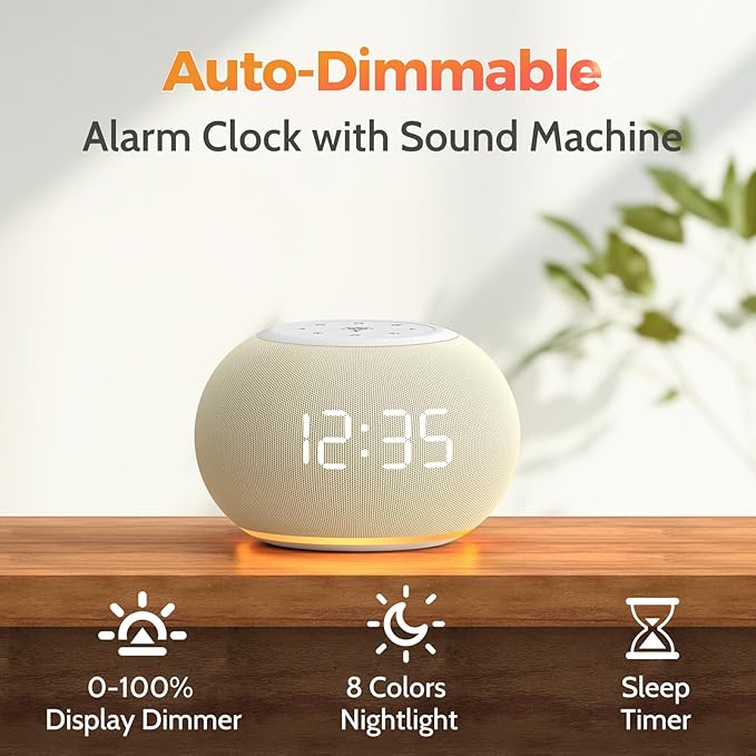 Reacher Auto-Dimmable Alarm Clock White Noise Machine with Night Light, 20 Soothing Sounds, Sleep Timer, Fabric LED Display, Precise Volume Control, Small Sound Machine for Nursery, Baby