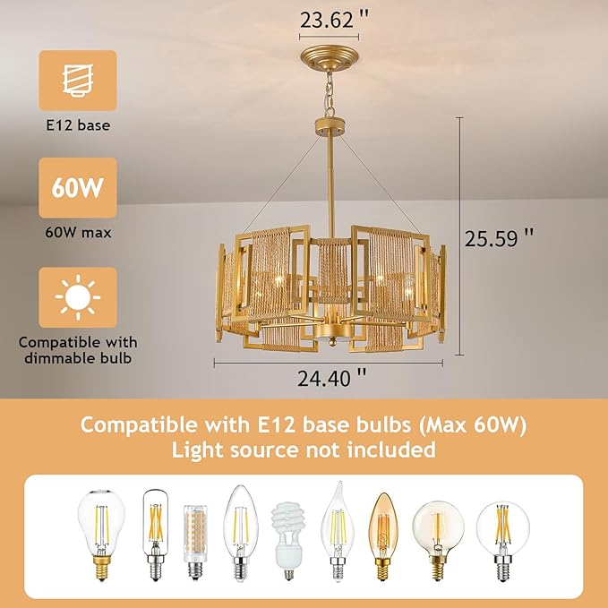 4-Light Boho Rattan Chandelier Light Fixture,Large Hand Woven Gold Pendant Light Fixture Farmhouse Rustic Hanging Light for Kitchen，Bedroom, Dining Room, Living Room, Hallway, Foyer