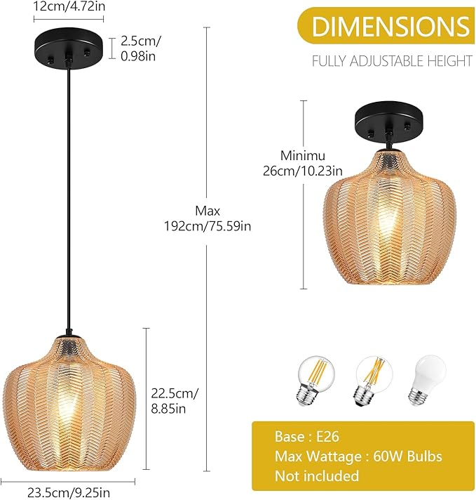 Amber Glass Pendant Lights Kitchen Island 1 Light 9.25 in Glass Globe Pendant Light Fixture Adjustable Modern Farmhouse Pendant Lighting for Bedroom Dining Room (1 Pack)